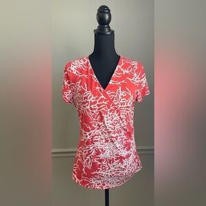 Talbots Red White V Neck Short Sleeve Top Blouse Size M